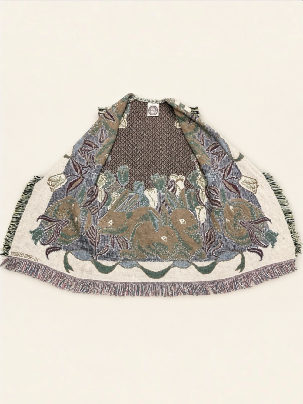 Sugar Street Weavers Rabbit Tulip Tapestry Fringe Vest M Cottagecore Folk Art - Picture 14 of 16
